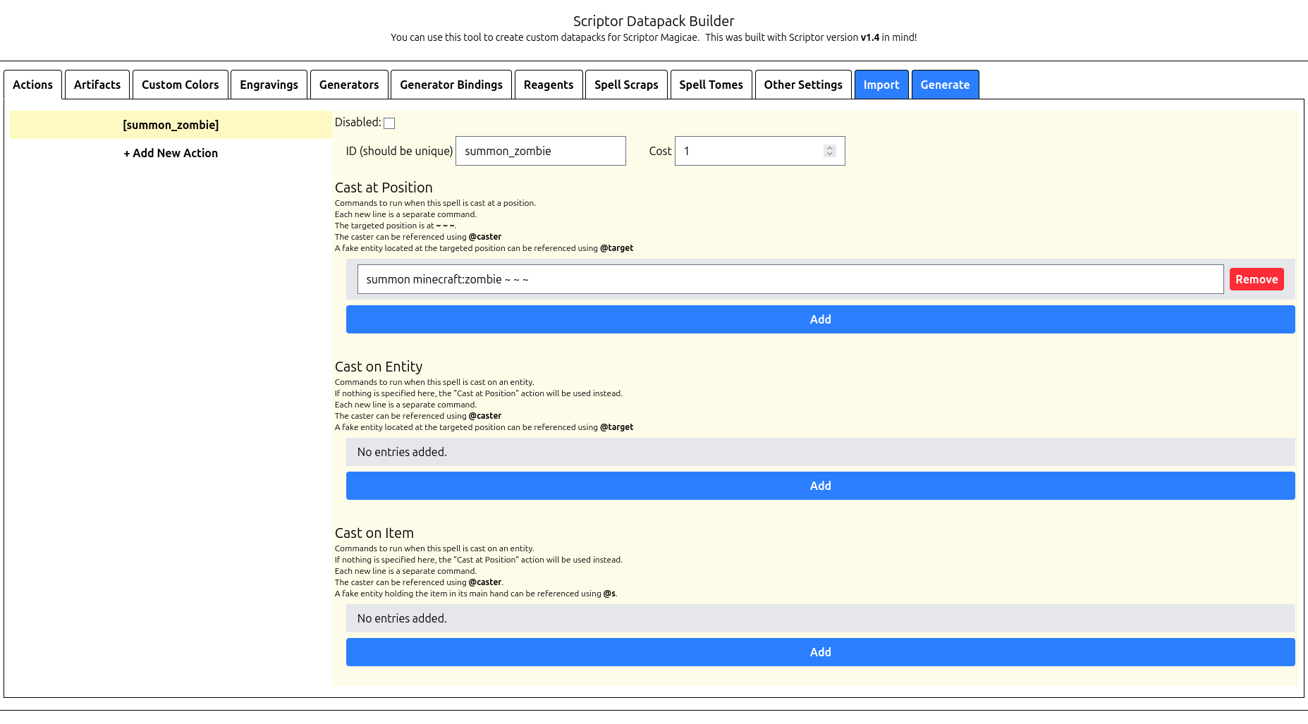 screenshot of the Scriptor Datapack Builder